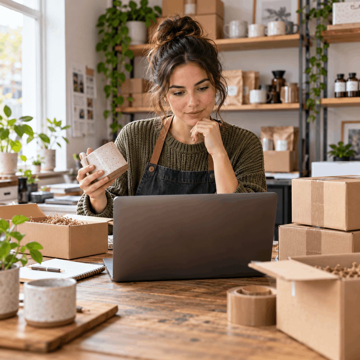 An online shop owner packs an order next to her laptop, surrounded by parcels and stock